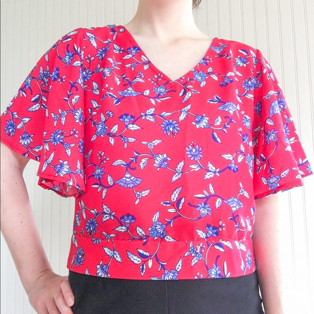 Japna Red Floral Crop Top Blouse Womens Small